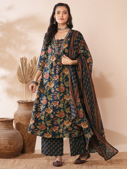 Ethnic Floral Printed & Embroidered A-Line Kurta with Palazzo & Dupatta -Teal Blue