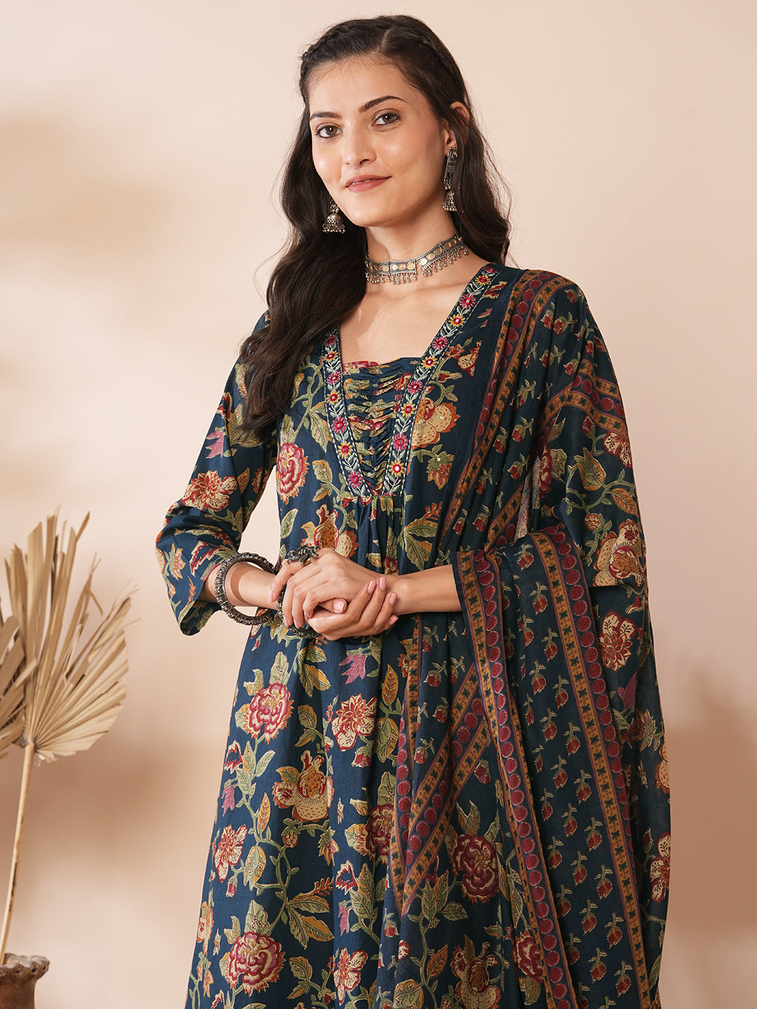 Ethnic Floral Printed & Embroidered A-Line Kurta with Palazzo & Dupatta -Teal Blue