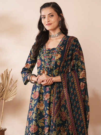 Ethnic Floral Printed & Embroidered A-Line Kurta with Palazzo & Dupatta -Teal Blue