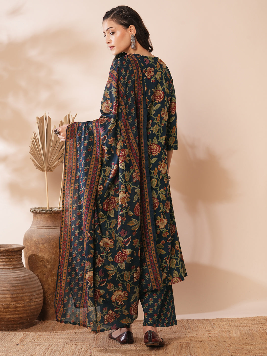 Ethnic Floral Printed & Embroidered A-Line Kurta with Palazzo & Dupatta -Teal Blue