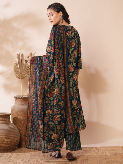 Ethnic Floral Printed & Embroidered A-Line Kurta with Palazzo & Dupatta -Teal Blue