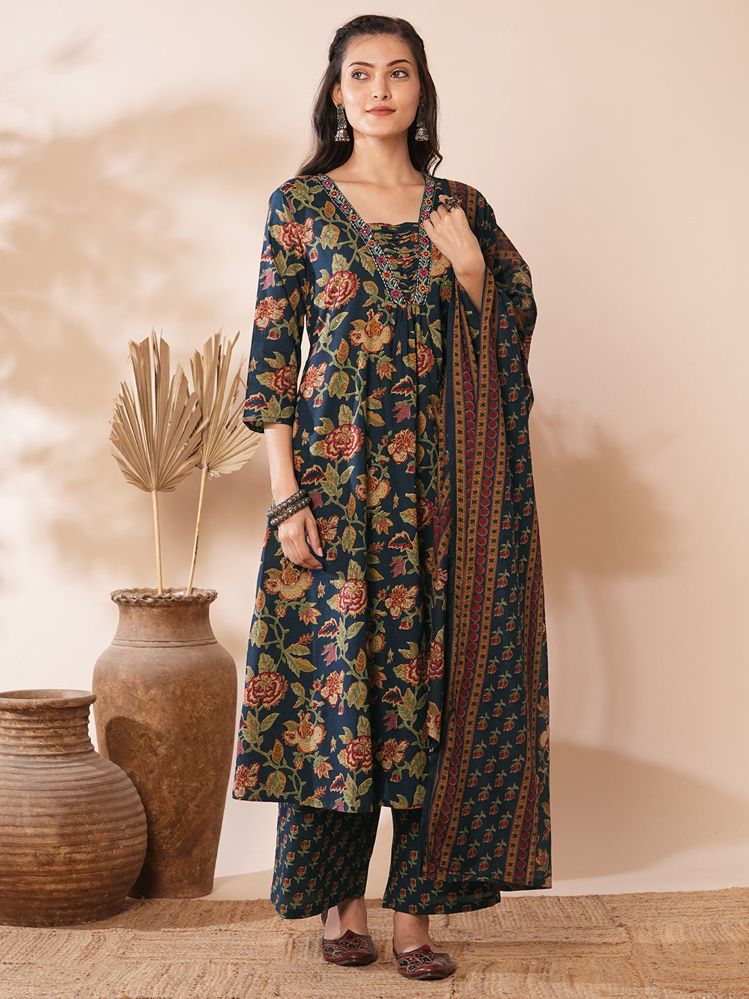 Ethnic Floral Printed & Embroidered A-Line Kurta with Palazzo & Dupatta -Teal Blue