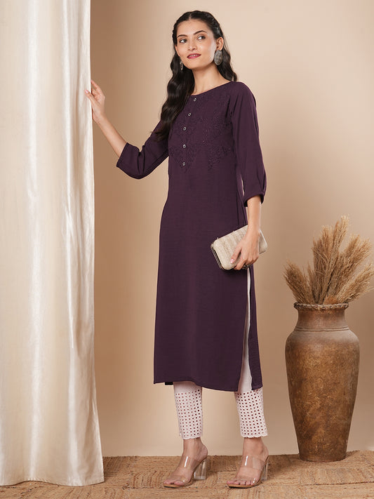 Solid Floral Embroidered Straight Fit Kurta - Burgundy