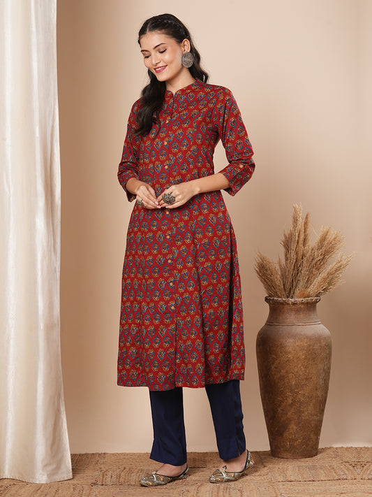 Ethnic Floral Printed A-Line Kurta - Rust