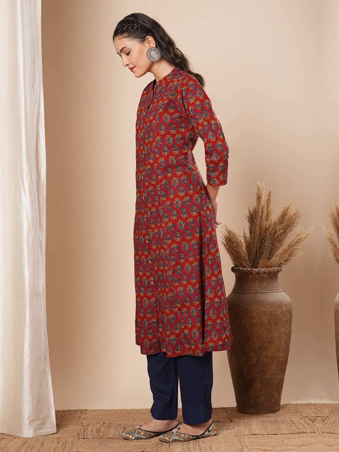 Ethnic Floral Printed A-Line Kurta - Rust