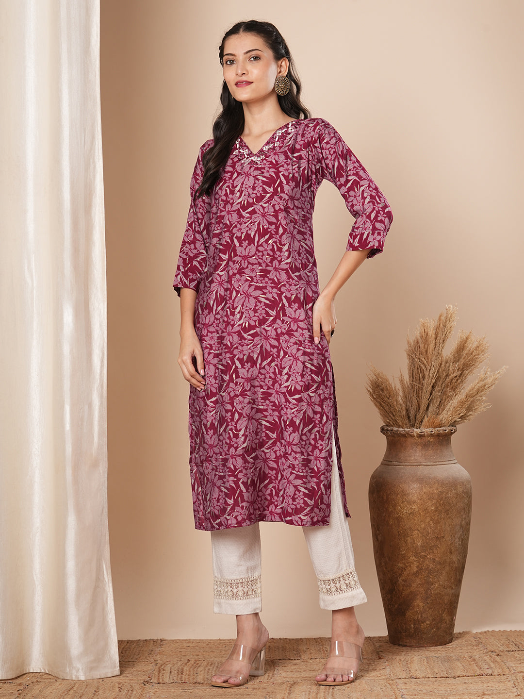 Ethnic Floral Printed & Embroidered Straight Fit Kurta - Magenta