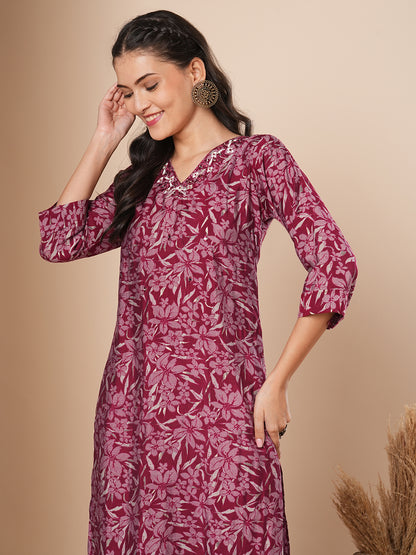 Ethnic Floral Printed & Embroidered Straight Fit Kurta - Magenta