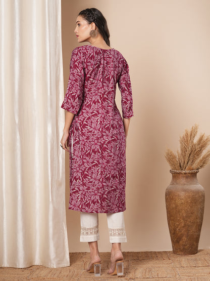 Ethnic Floral Printed & Embroidered Straight Fit Kurta - Magenta