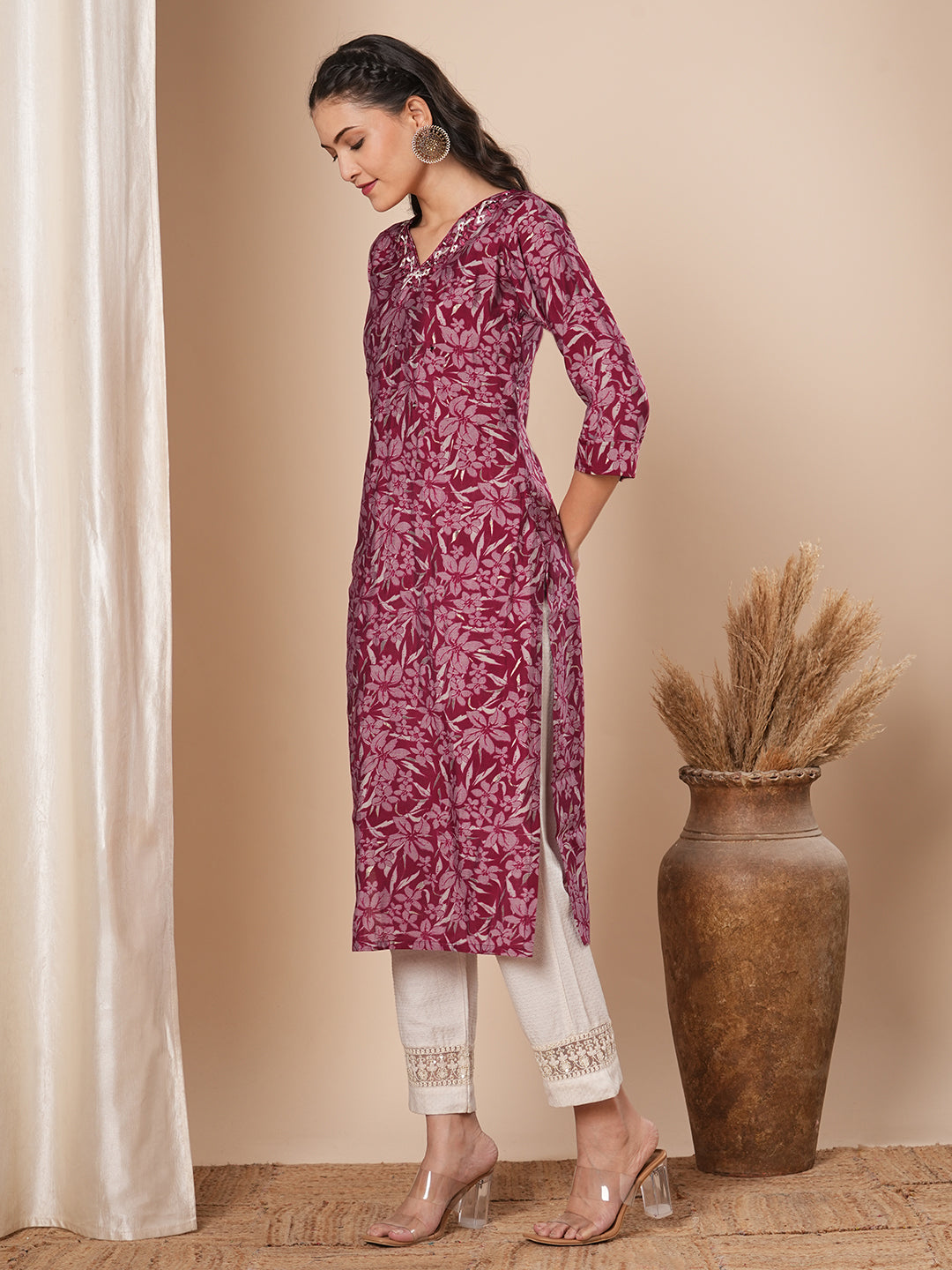 Ethnic Floral Printed & Embroidered Straight Fit Kurta - Magenta