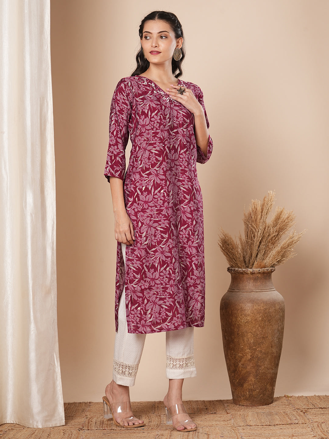 Ethnic Floral Printed & Embroidered Straight Fit Kurta - Magenta