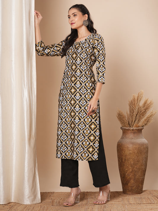 Ethnic Floral Printed & Embroidered Straight Fit Kurta - Multi