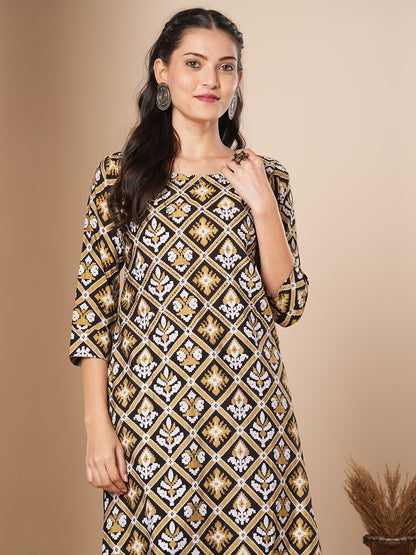 Ethnic Floral Printed & Embroidered Straight Fit Kurta - Multi