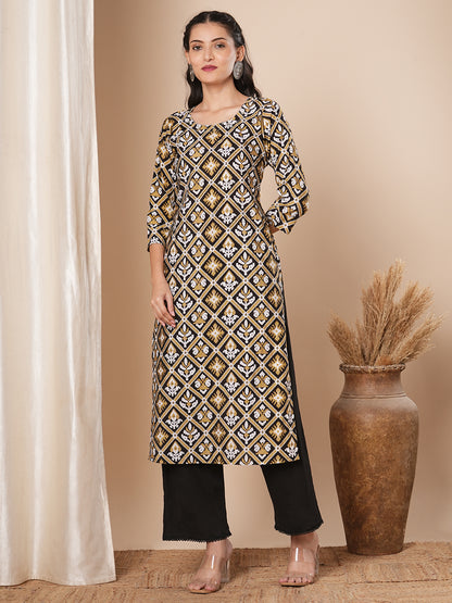 Ethnic Floral Printed & Embroidered Straight Fit Kurta - Multi