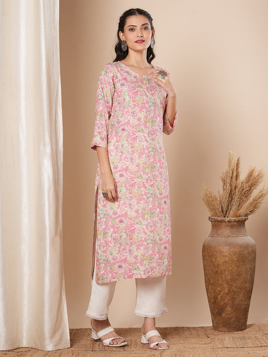 Abstract Floral Printed & Embroidered Straight Fit Kurta - Pink