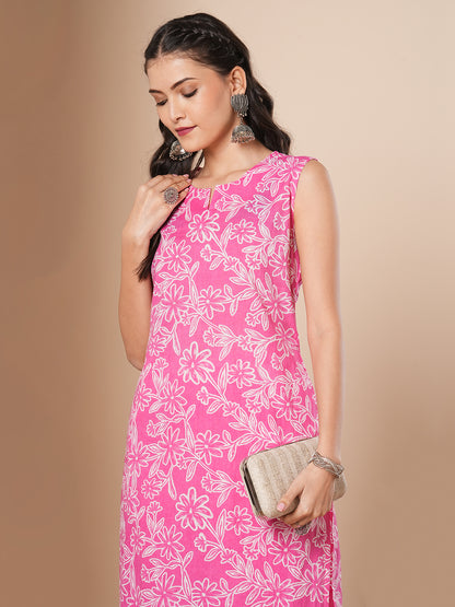 Floral Printed A-Line Kurta with Palazzo - Pink