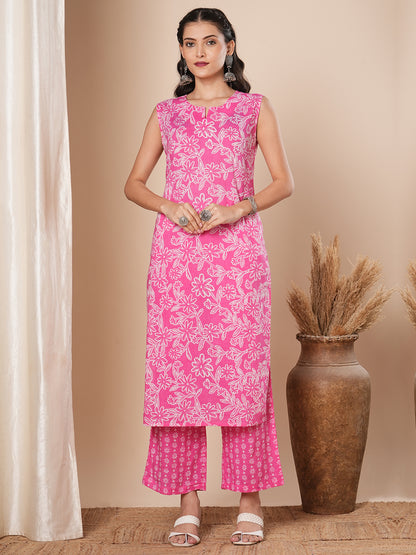 Floral Printed A-Line Kurta with Palazzo - Pink