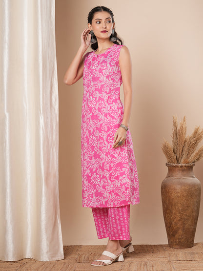 Floral Printed A-Line Kurta with Palazzo - Pink