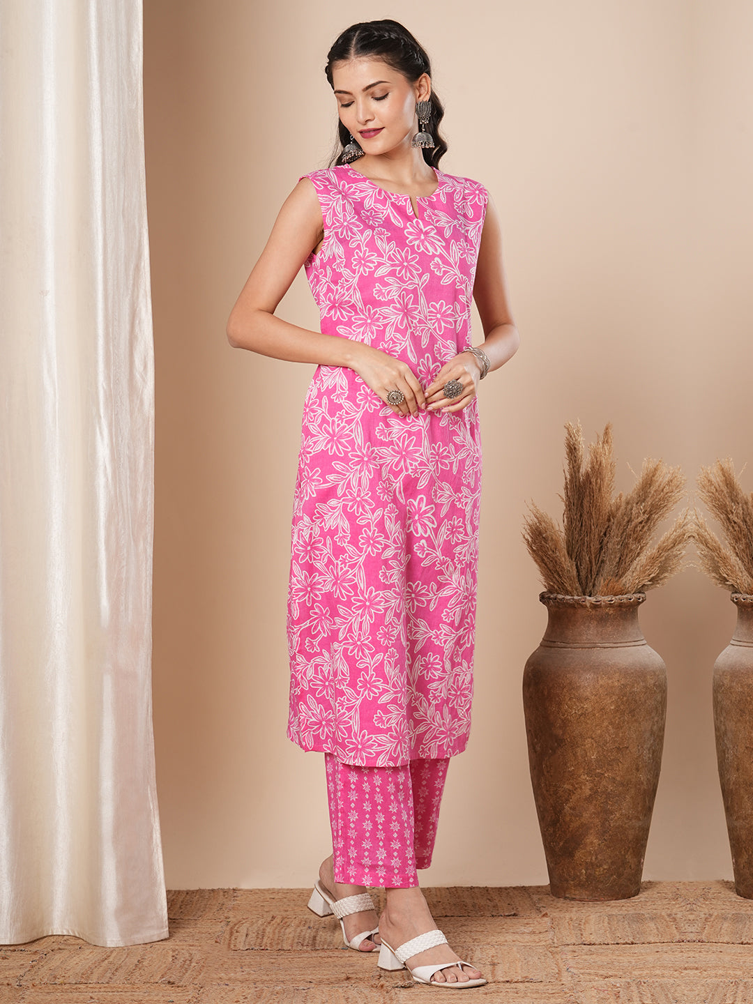 Floral Printed A-Line Kurta with Palazzo - Pink