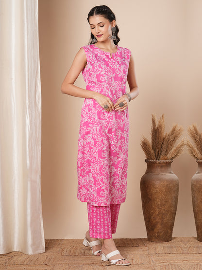 Floral Printed A-Line Kurta with Palazzo - Pink