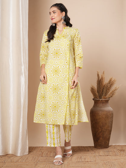 Ethnic Floral Printed Straight Fit Kurta with Pant -Yellow