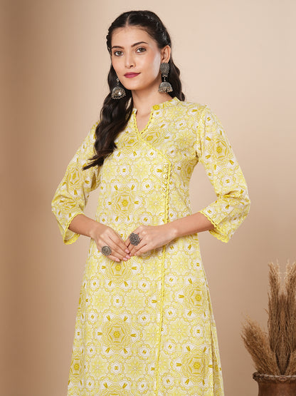 Ethnic Floral Printed Straight Fit Kurta with Pant -Yellow