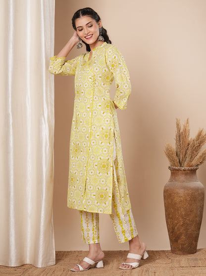 Ethnic Floral Printed Straight Fit Kurta with Pant -Yellow