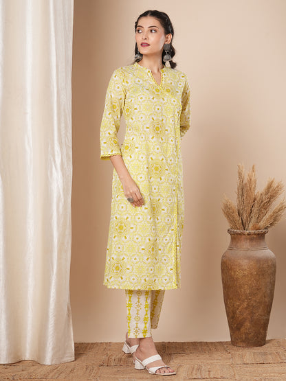 Ethnic Floral Printed Straight Fit Kurta with Pant -Yellow