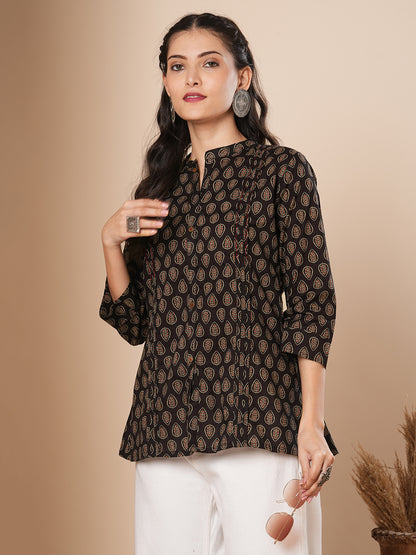 Ethnic Floral Printed Pleated A-Line Kurti - Black