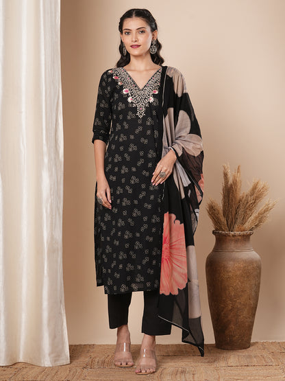 Floral Printed & Ethnic Embroidered Kurta with Pant & Dupatta - Black