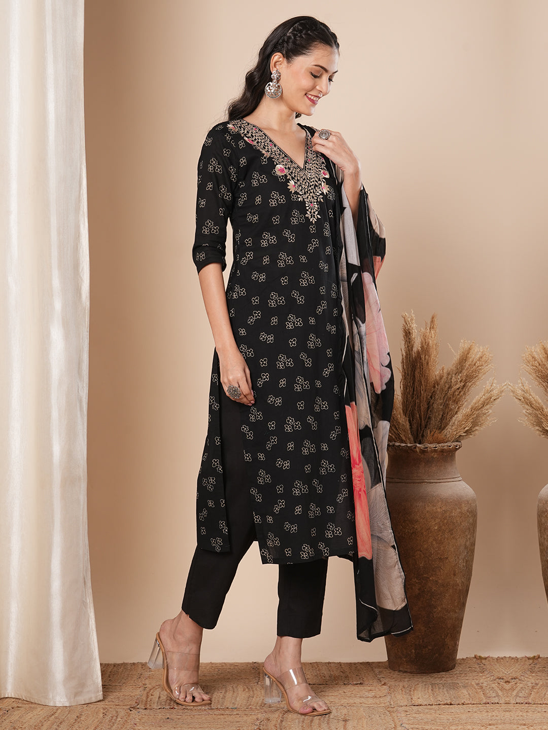 Floral Printed & Ethnic Embroidered Kurta with Pant & Dupatta - Black