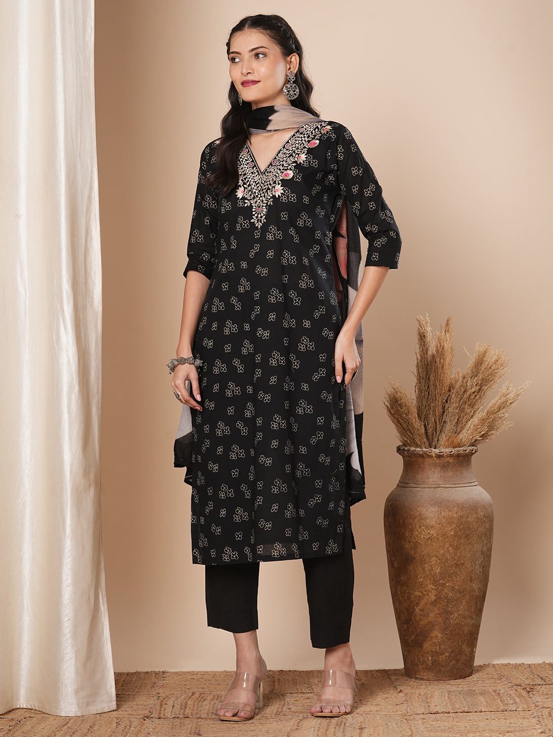 Floral Printed & Ethnic Embroidered Kurta with Pant & Dupatta - Black