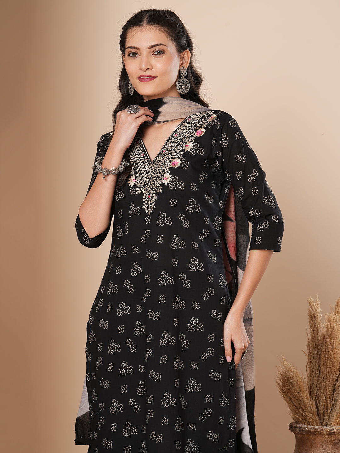 Floral Printed & Ethnic Embroidered Kurta with Pant & Dupatta - Black