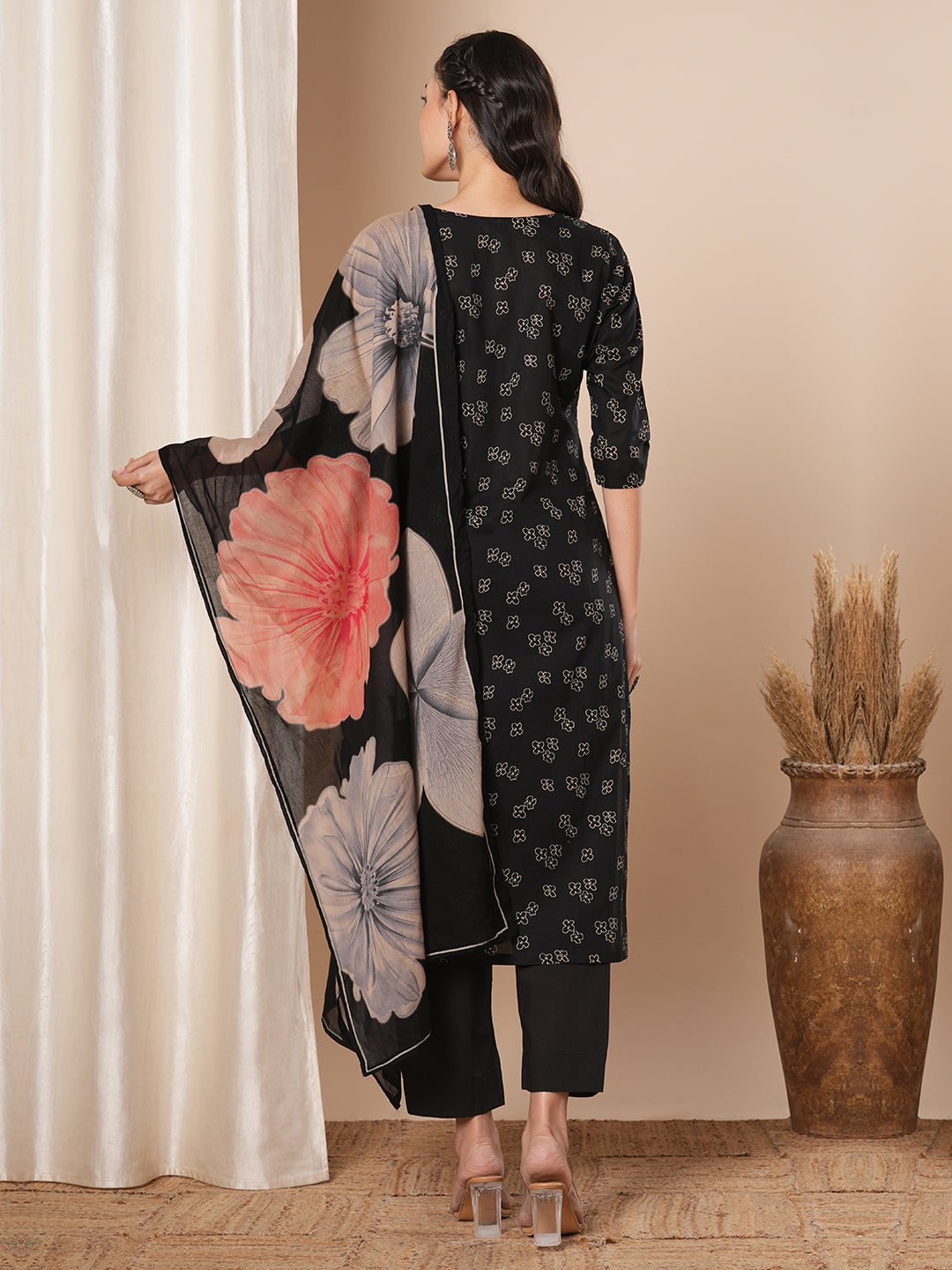 Floral Printed & Ethnic Embroidered Kurta with Pant & Dupatta - Black