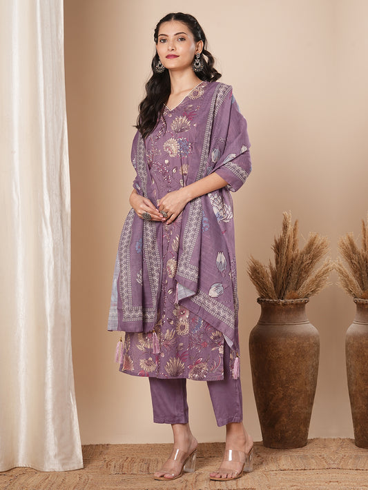 Ethnic Printed & Embroidered Straight Kurta with Pant & Dupatta - Lavender