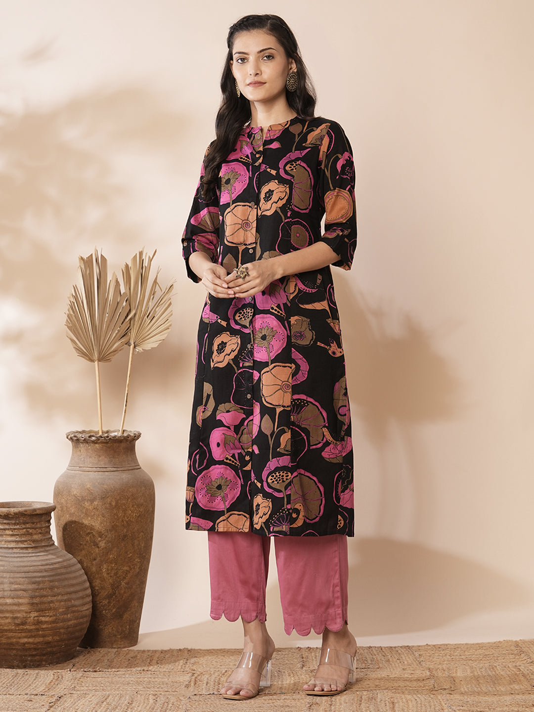 Abstract Floral Printed A-Line Paneled Kurta - Black