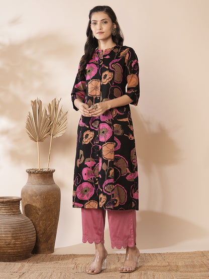 Abstract Floral Printed A-Line Paneled Kurta - Black