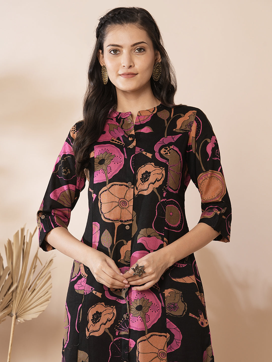 Abstract Floral Printed A-Line Paneled Kurta - Black