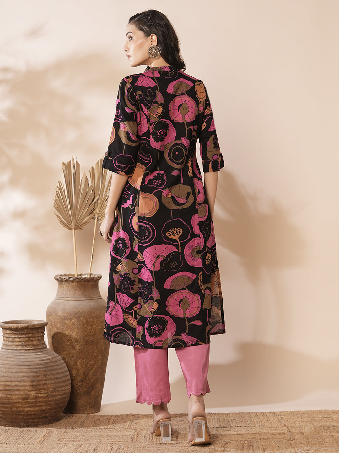 Abstract Floral Printed A-Line Paneled Kurta - Black