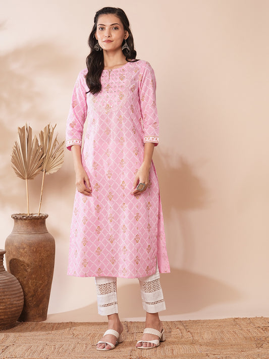 Ethnic Khari Printed Straight Fit Kurta - Pink