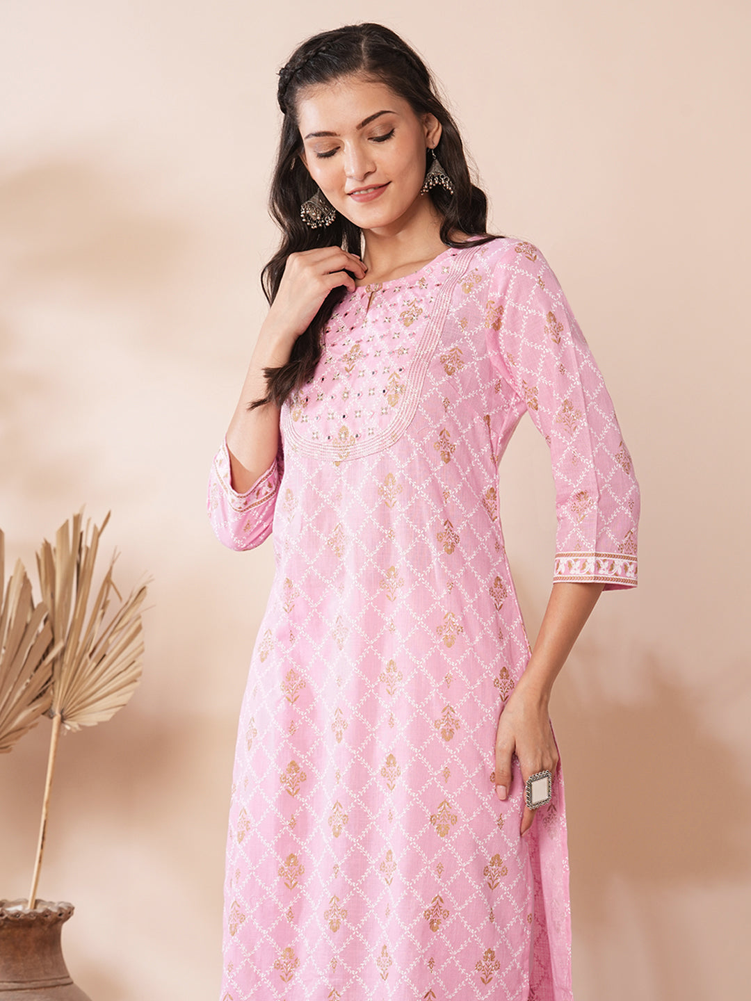 Ethnic Khari Printed Straight Fit Kurta - Pink