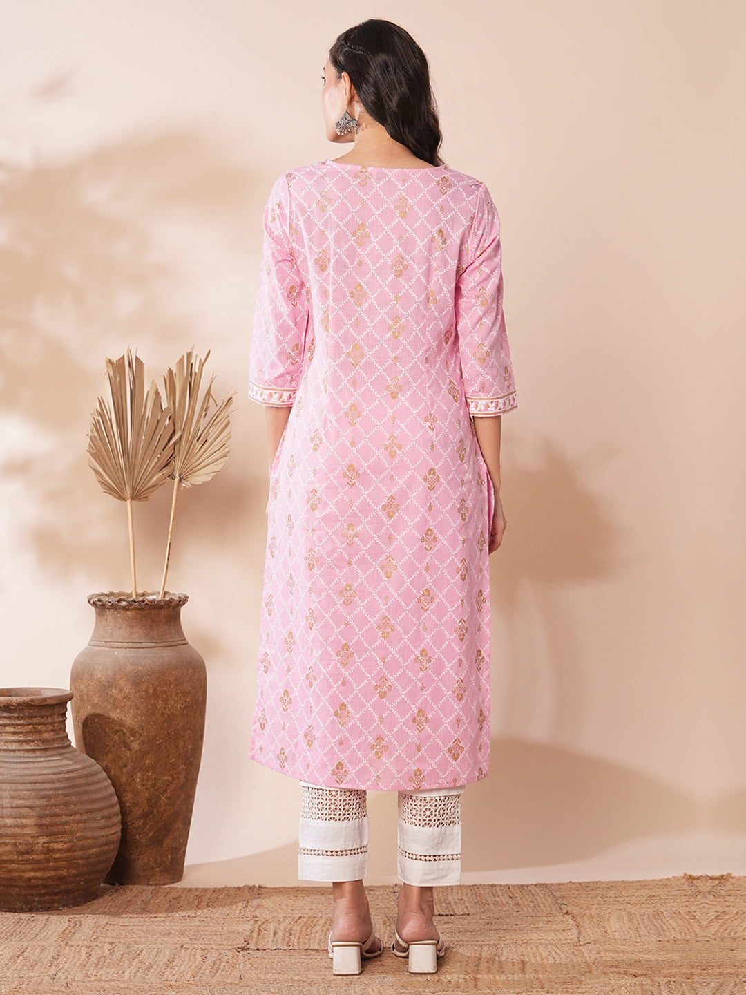 Ethnic Khari Printed Straight Fit Kurta - Pink