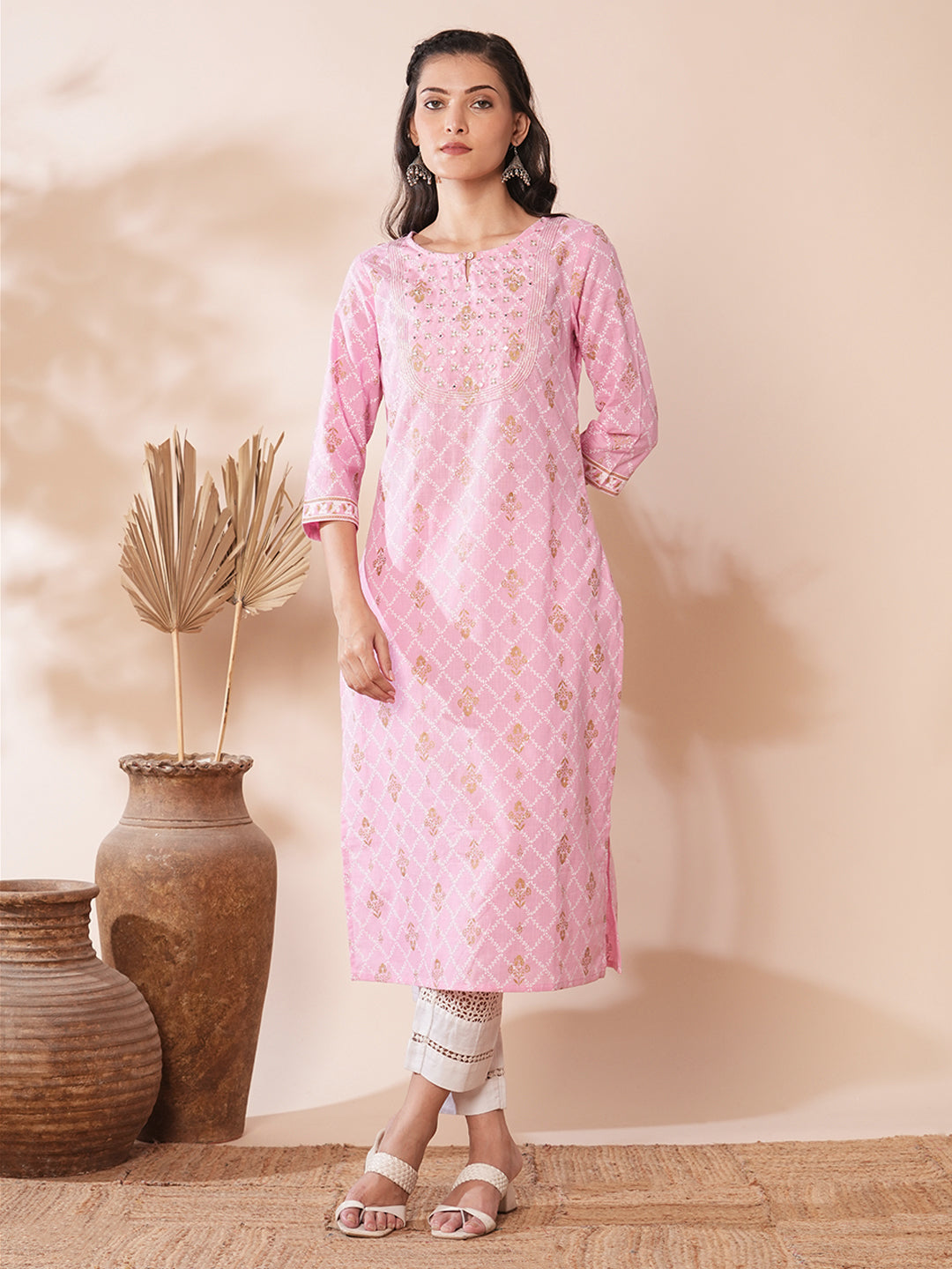 Ethnic Khari Printed Straight Fit Kurta - Pink