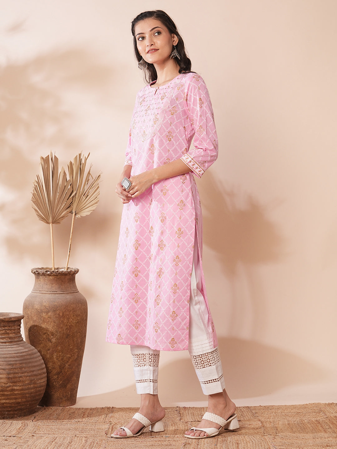 Ethnic Khari Printed Straight Fit Kurta - Pink