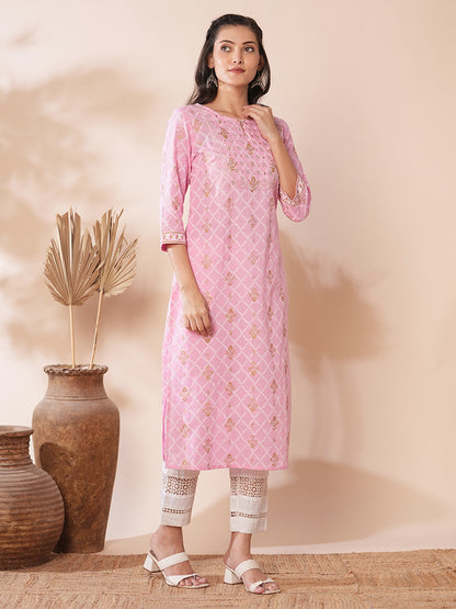 Ethnic Khari Printed Straight Fit Kurta - Pink