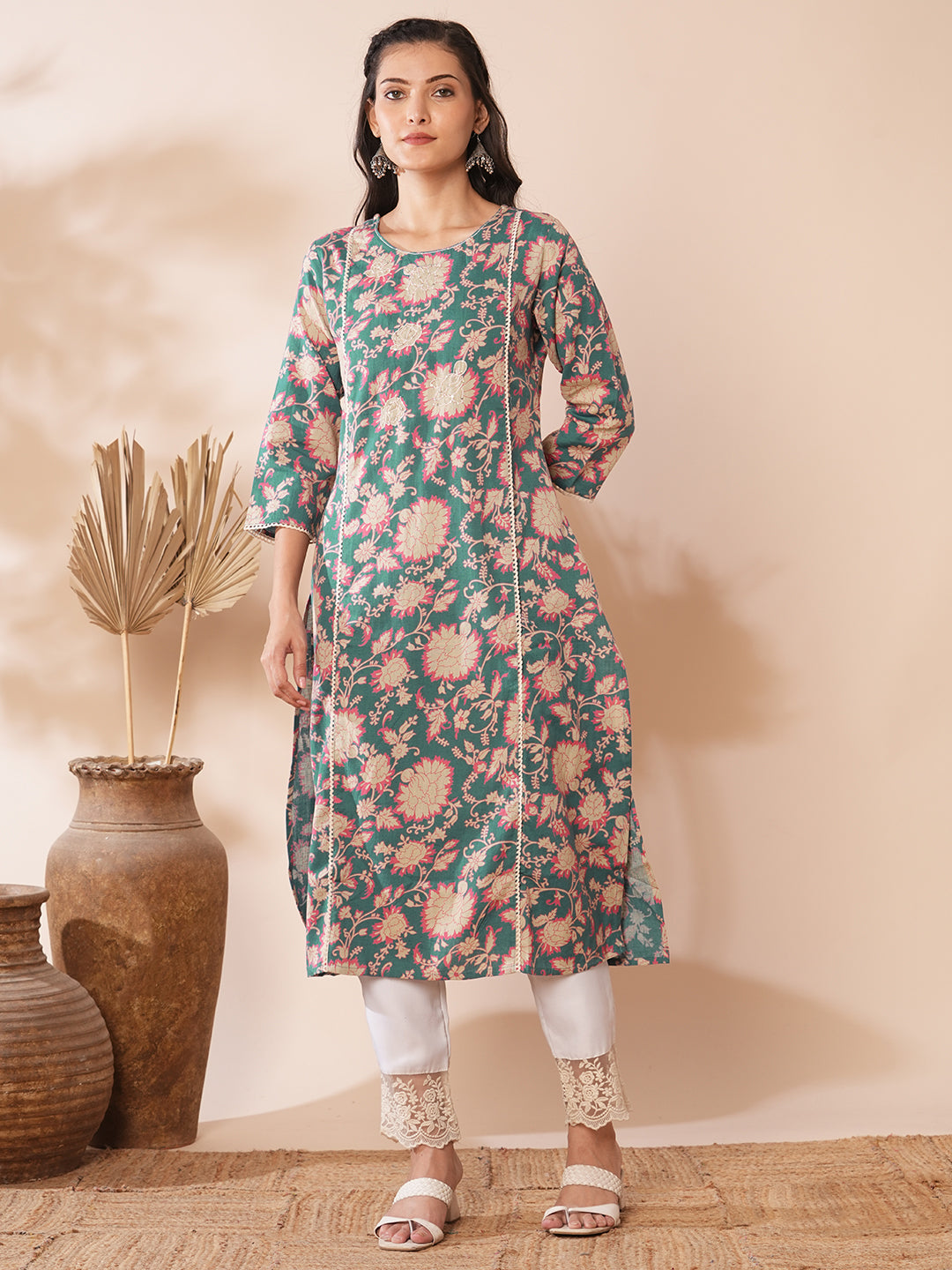 Ethnic Printed & Embroidered A-Line Paneled Kurta - Teal Blue