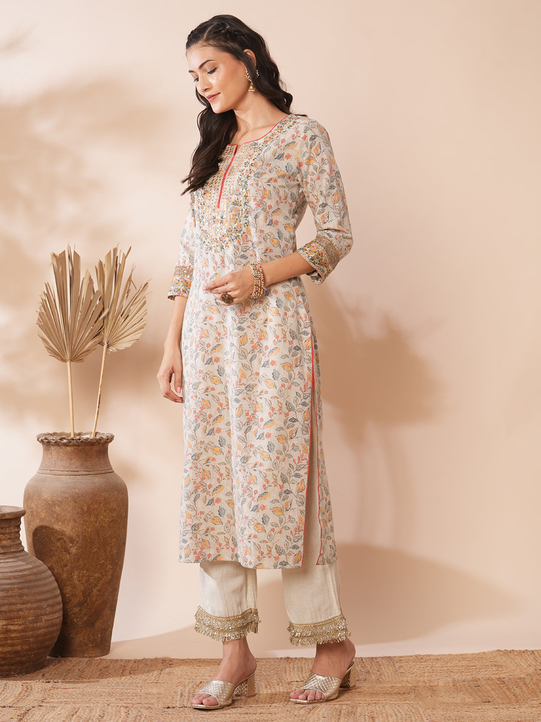 Ethnic Floral Printed & Embroidered Straight Fit Kurta - Grey