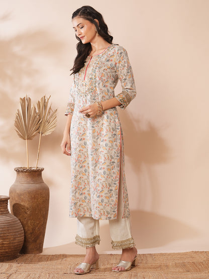 Ethnic Floral Printed & Embroidered Straight Fit Kurta - Grey