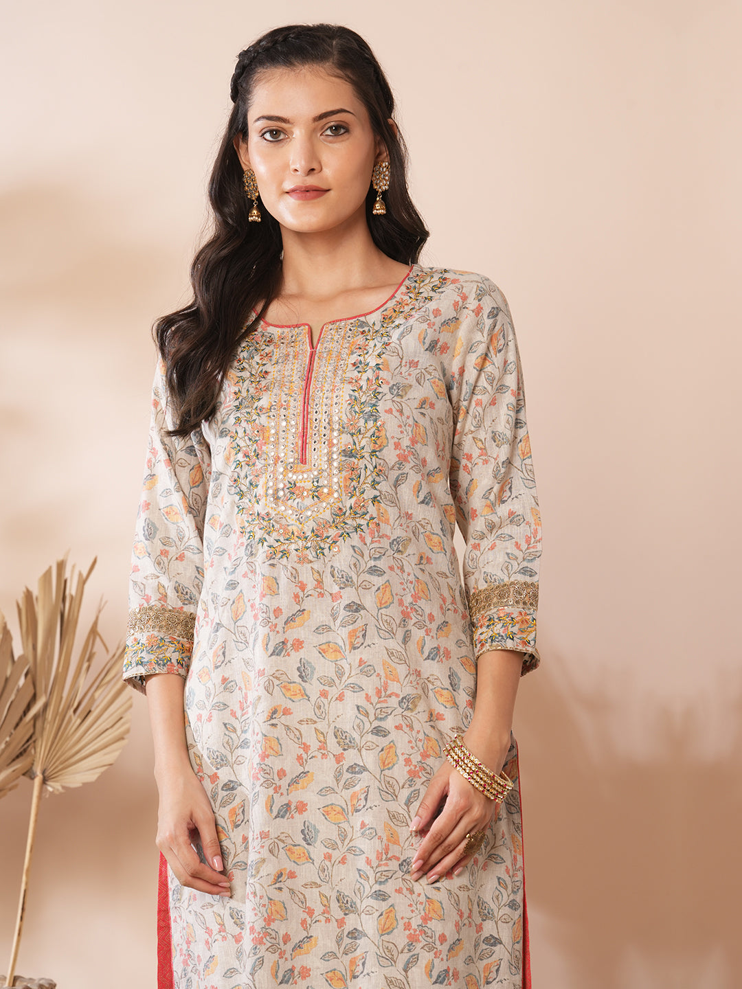 Ethnic Floral Printed & Embroidered Straight Fit Kurta - Grey