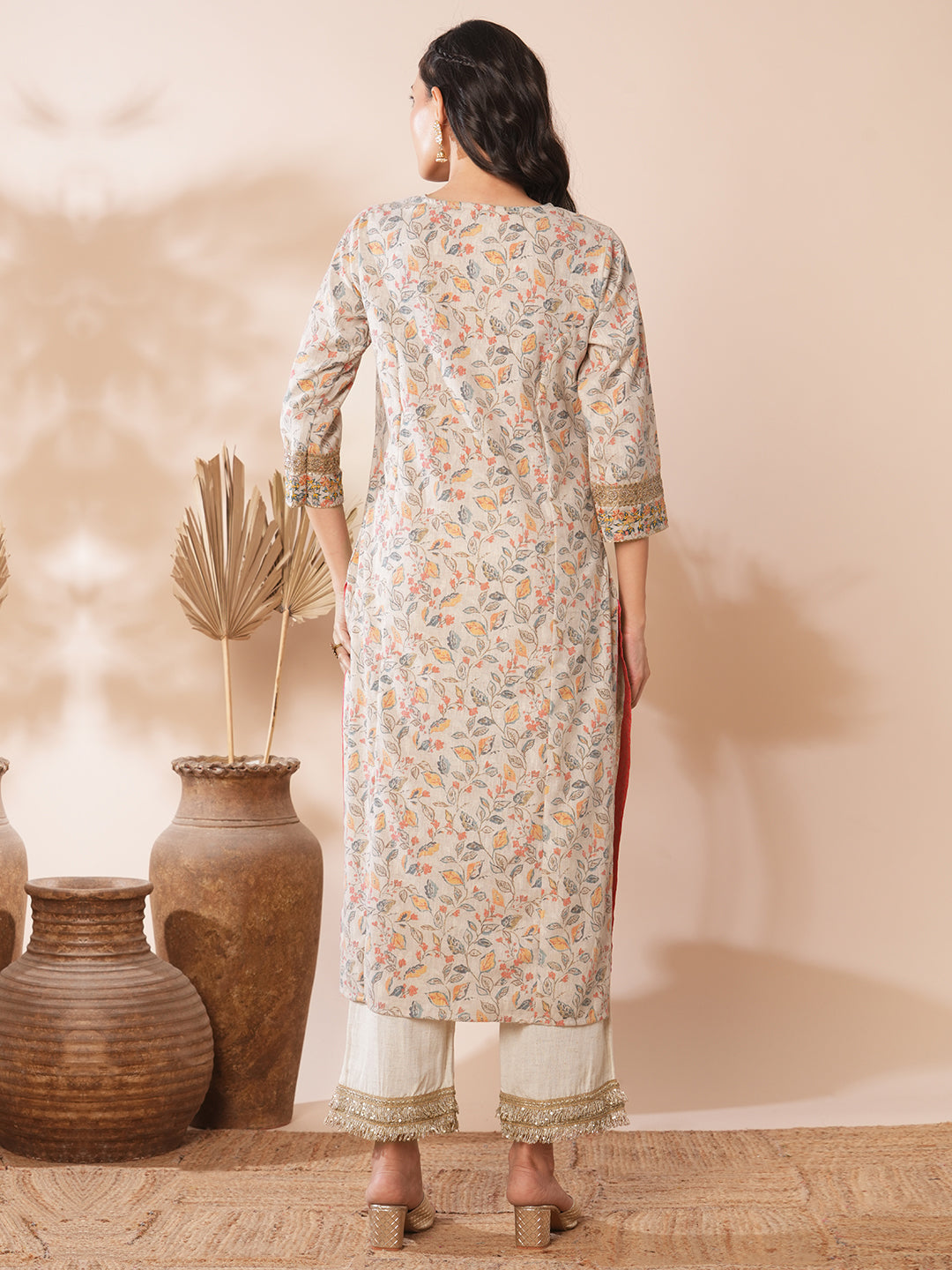 Ethnic Floral Printed & Embroidered Straight Fit Kurta - Grey