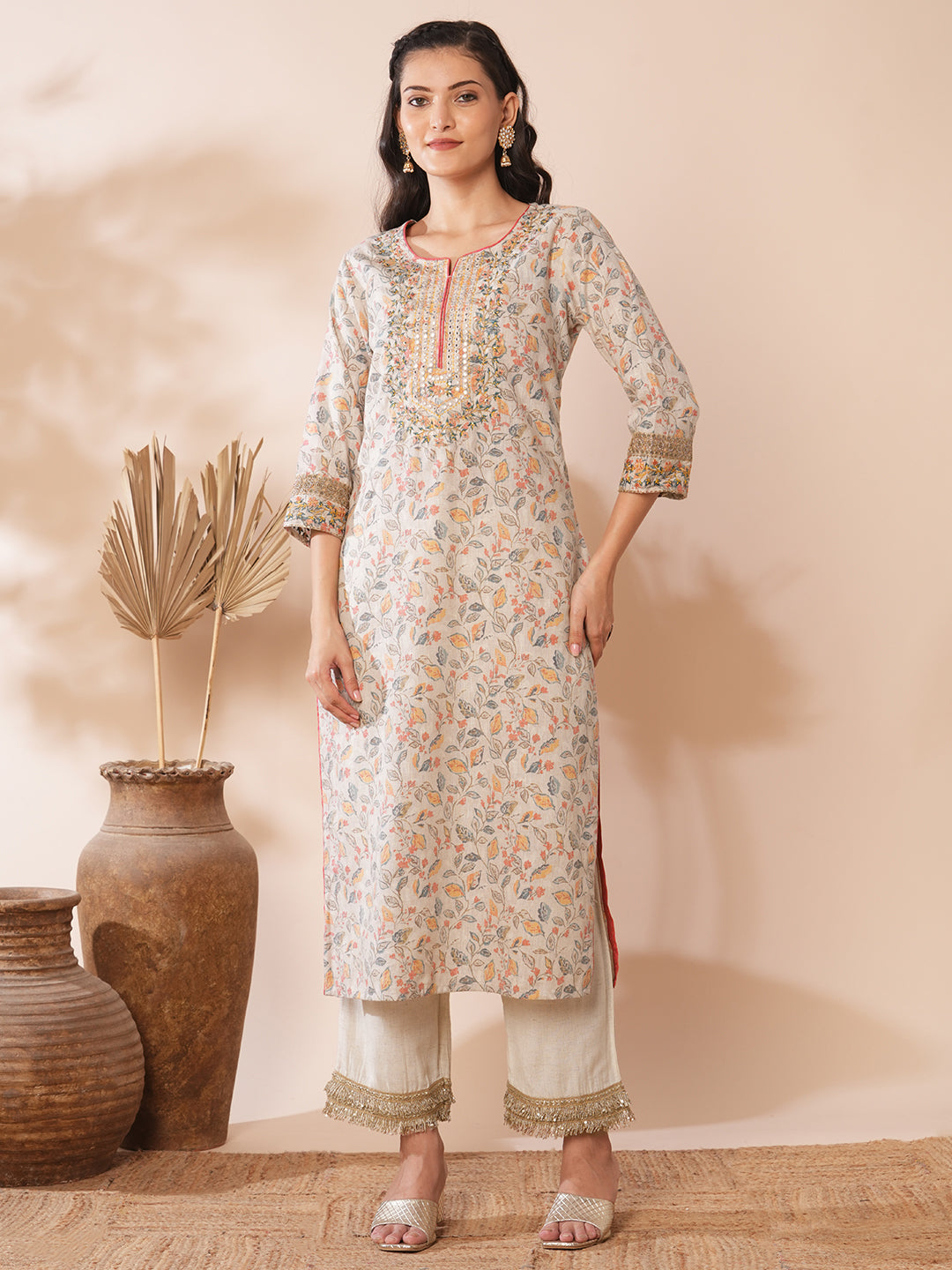 Ethnic Floral Printed & Embroidered Straight Fit Kurta - Grey